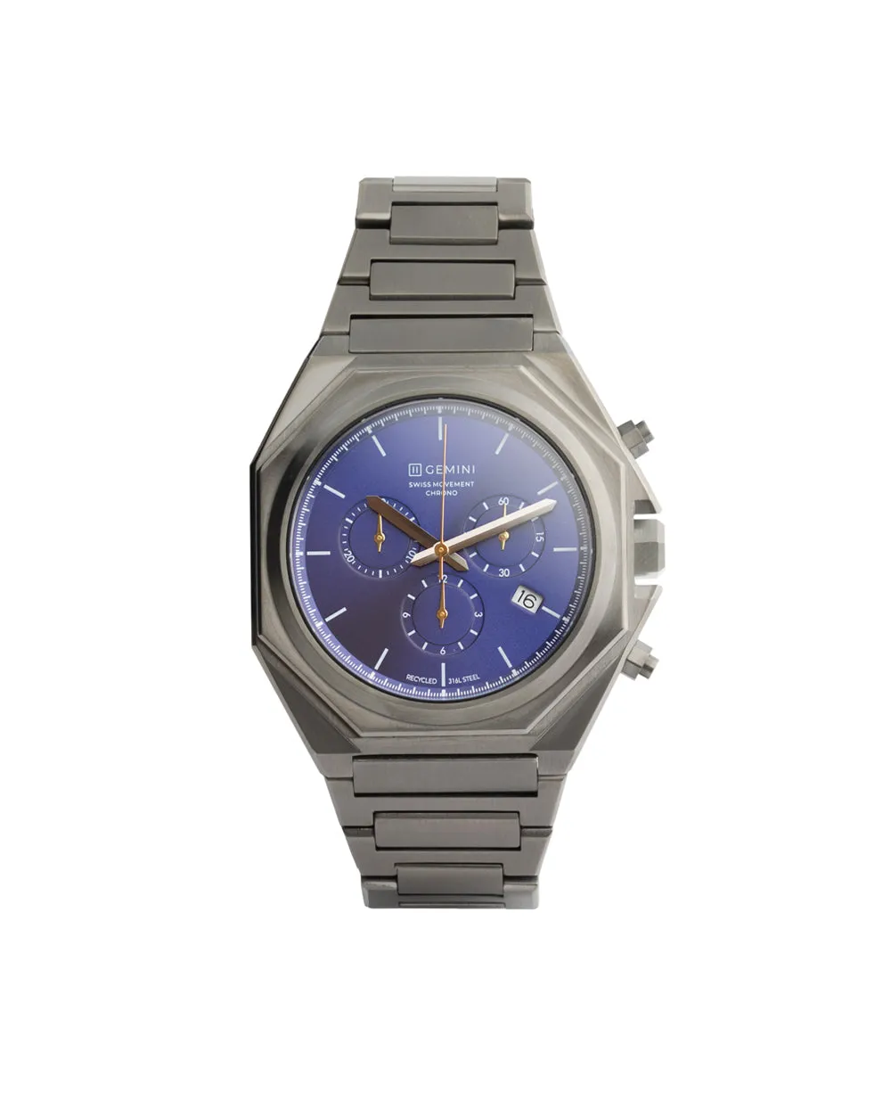 44mm Swiss chronograph watch with dark grey case and strap