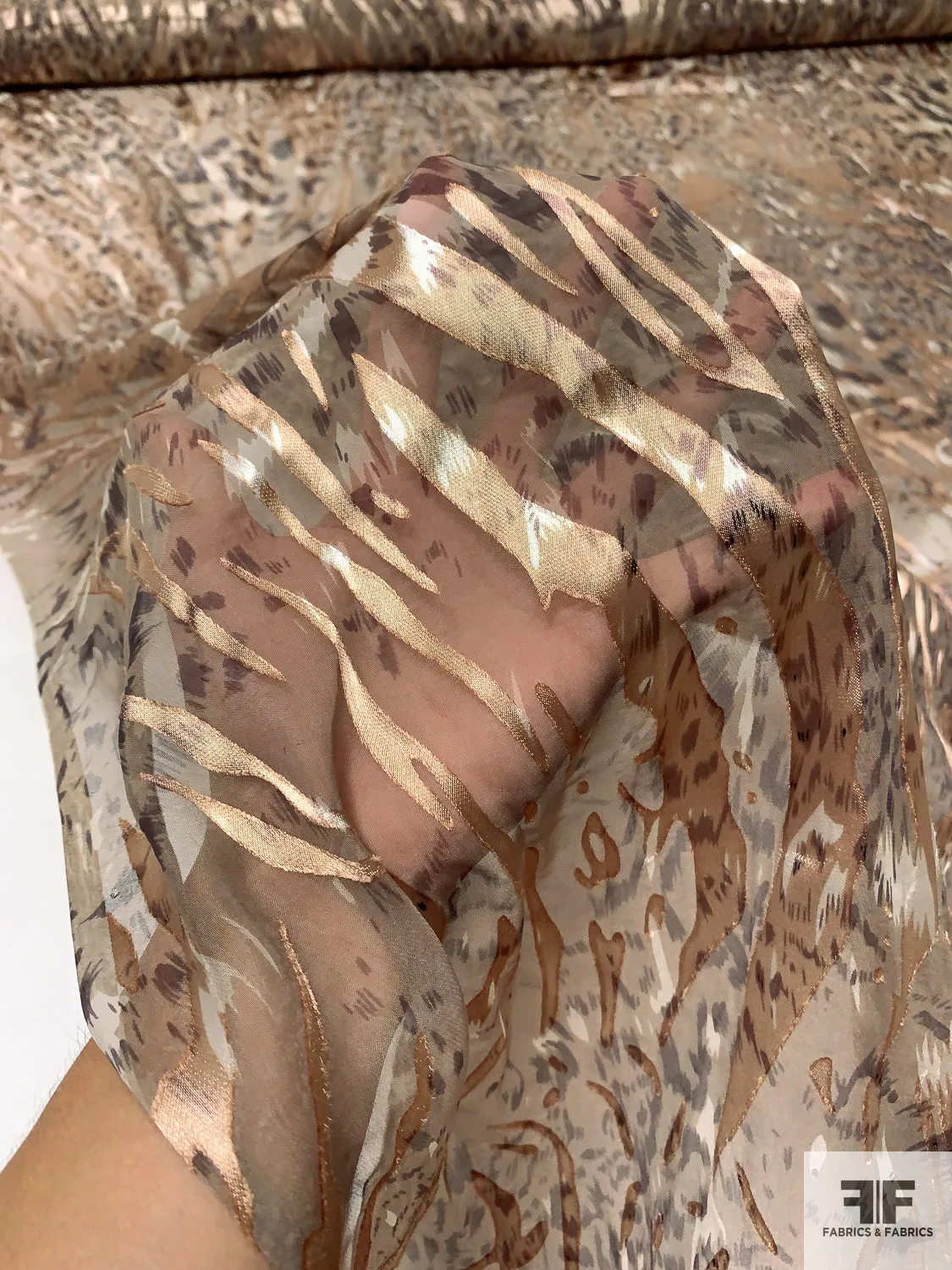 Animal Pattern Printed Satin Burnout Silk Chiffon - Brown / Tan / Gold