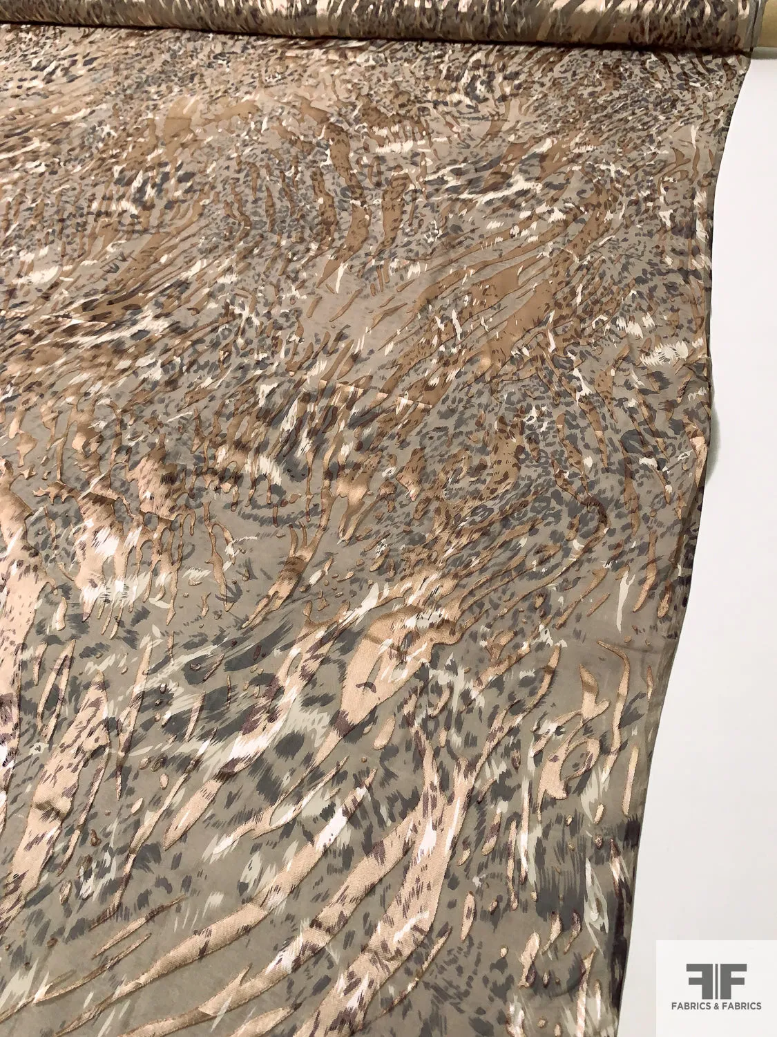 Animal Pattern Printed Satin Burnout Silk Chiffon - Brown / Tan / Gold