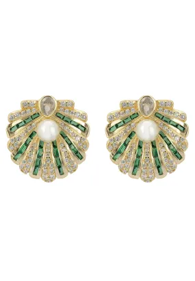 Art Deco Scallop Shell Earrings Emerald Green With Pearl Gold