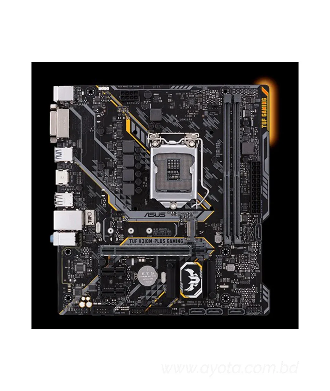 ASUS TUF H310M-PLUS GAMING   Intel H310 mATX gaming motherboard with Aura Sync RGB LED lighting, DDR4 2666MHz support, 20Gbps M.2