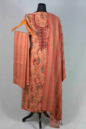 Brick Colour Woolen Kani Printed Suit With Neck And Over All Magical Print Provide Elegance.