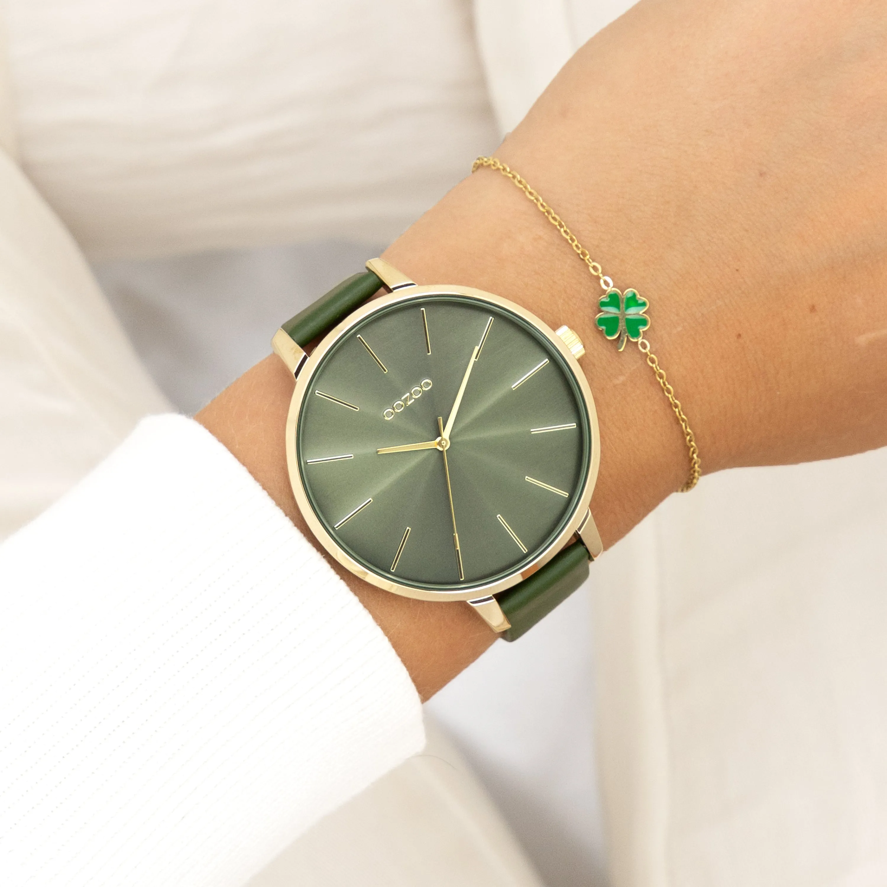 Gold coloured OOZOO watch with forest green leather strap - C11257