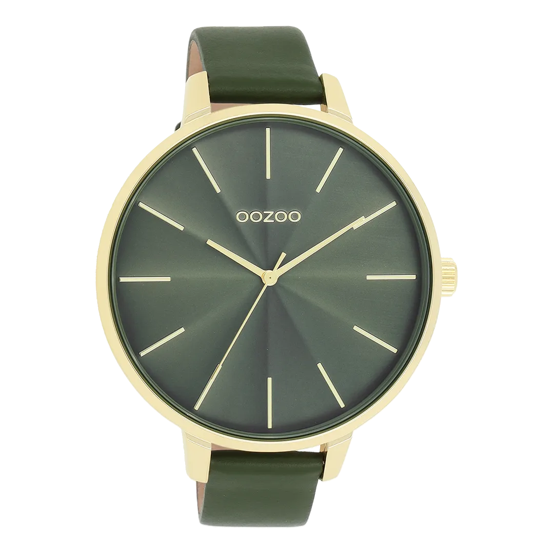 Gold coloured OOZOO watch with forest green leather strap - C11257