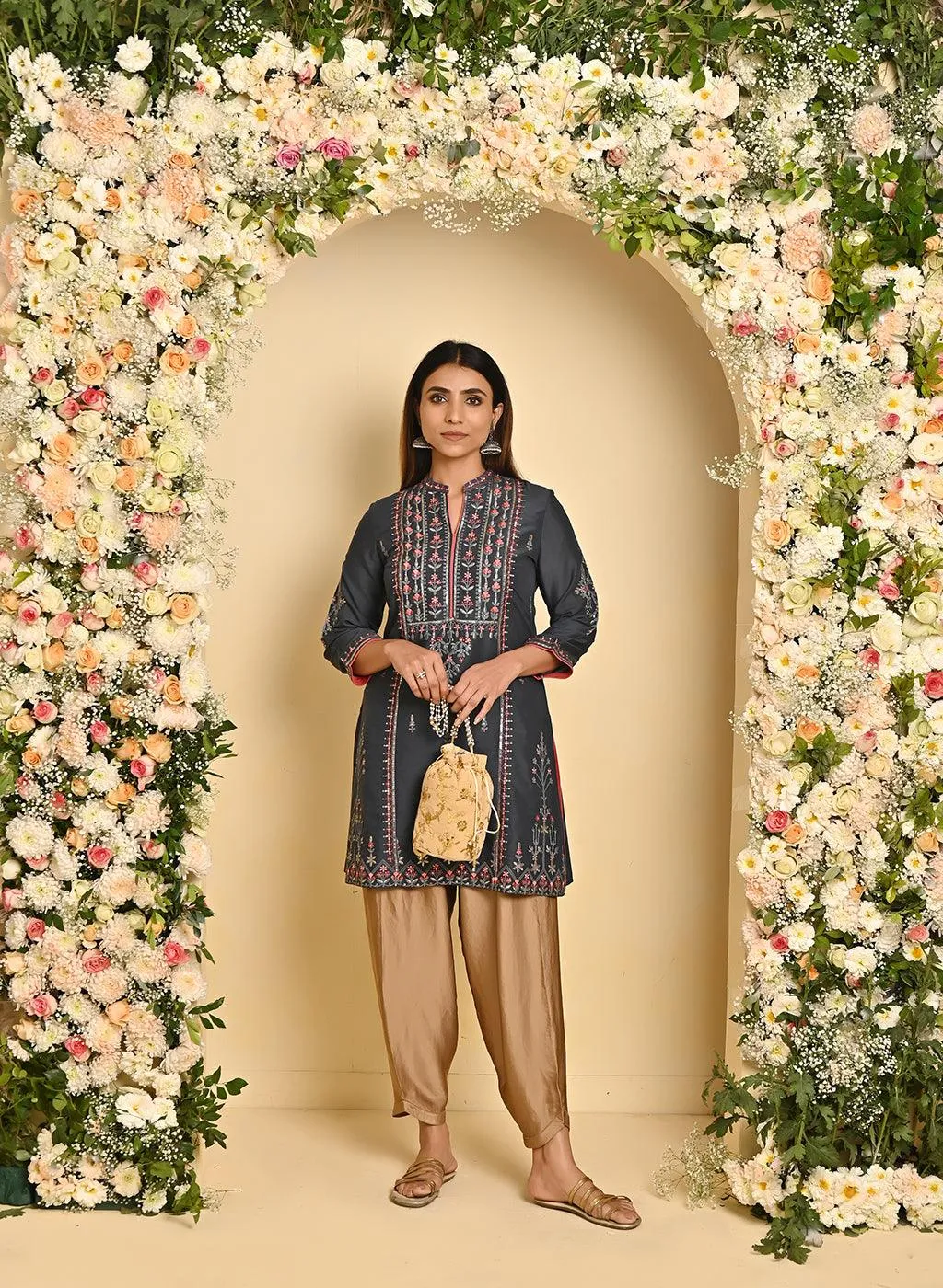 Grey Embroidered Thigh-length Kurti with 3/4th Sleeves