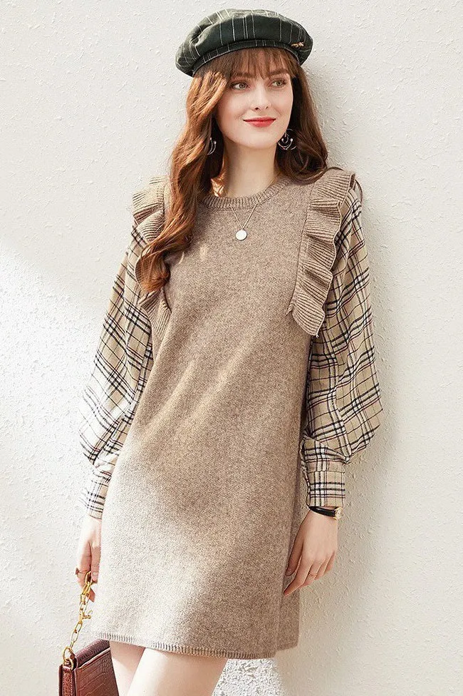 Knit Dress W/ Plaid Sleeve