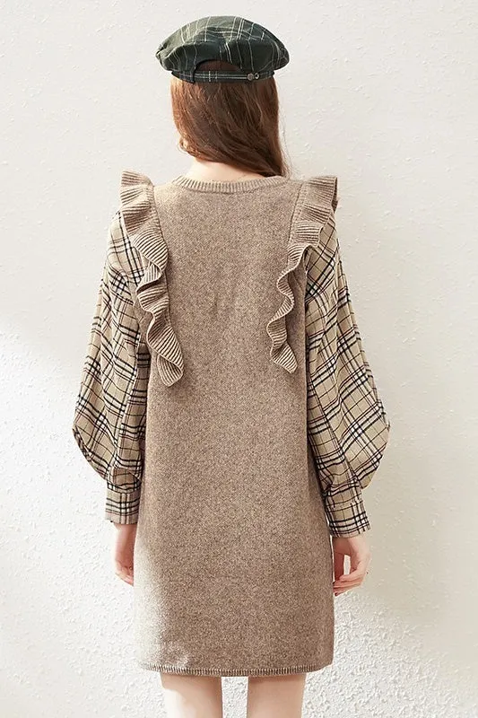 Knit Dress W/ Plaid Sleeve