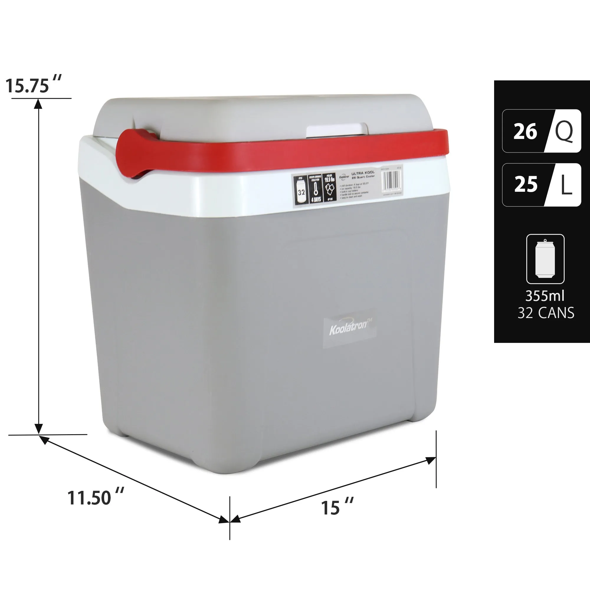 Koolatron Ice Chest Cooler w/ Locking Carry Handle, 25L (26 qt), 32 Can Capacity Portable Picnic Cooler, Gray and Red, For Snacks, Lunch, Day Trips, Camping, Boating, Travel, Made in North America