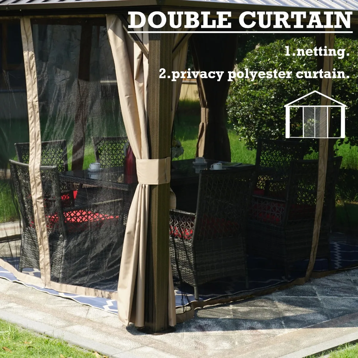 Kozyard Rosana 10'x12' Hardtop Aluminum Permanent Gazebo with 2-layer Sidewalls (Rosana 10'x12')