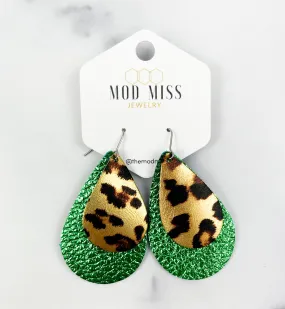 Leather Stacked Teardrop Earring Leopard Metallic on Metallic Green