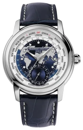 Limited Edition Frederique Constant Classics Worldtimer Manufacture GMT Automatic Stainless Steel Blue Dial Blue Leather Strap Date Mens Watch FC-718NWWM4H6