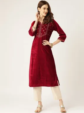 Maroon Zari Embroidery V-Slit Straight Velvet Kurta