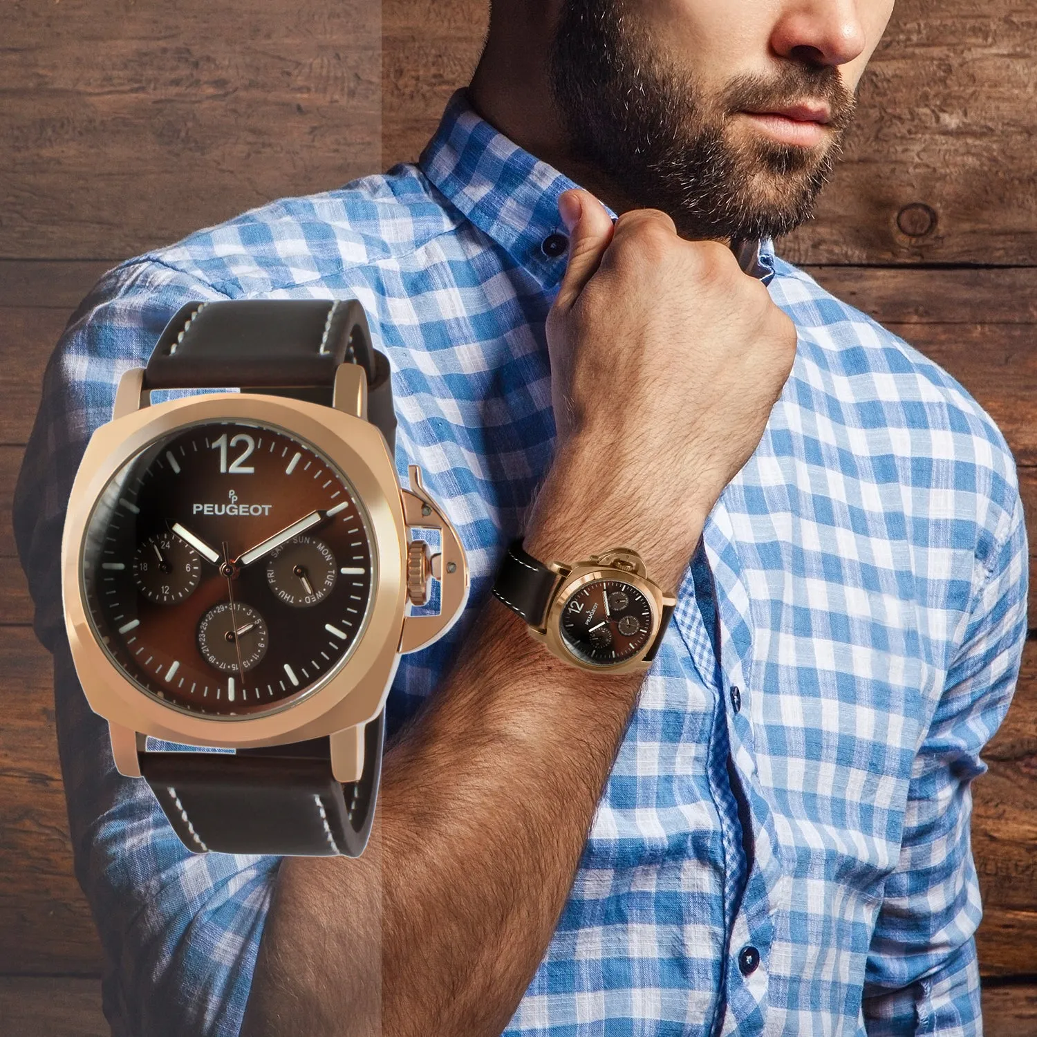 Men's 50mm Brown Multi-Function Leather Strap Watch