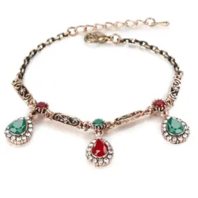 Red and Green Teardrop Gold Antique Chain Bracelet