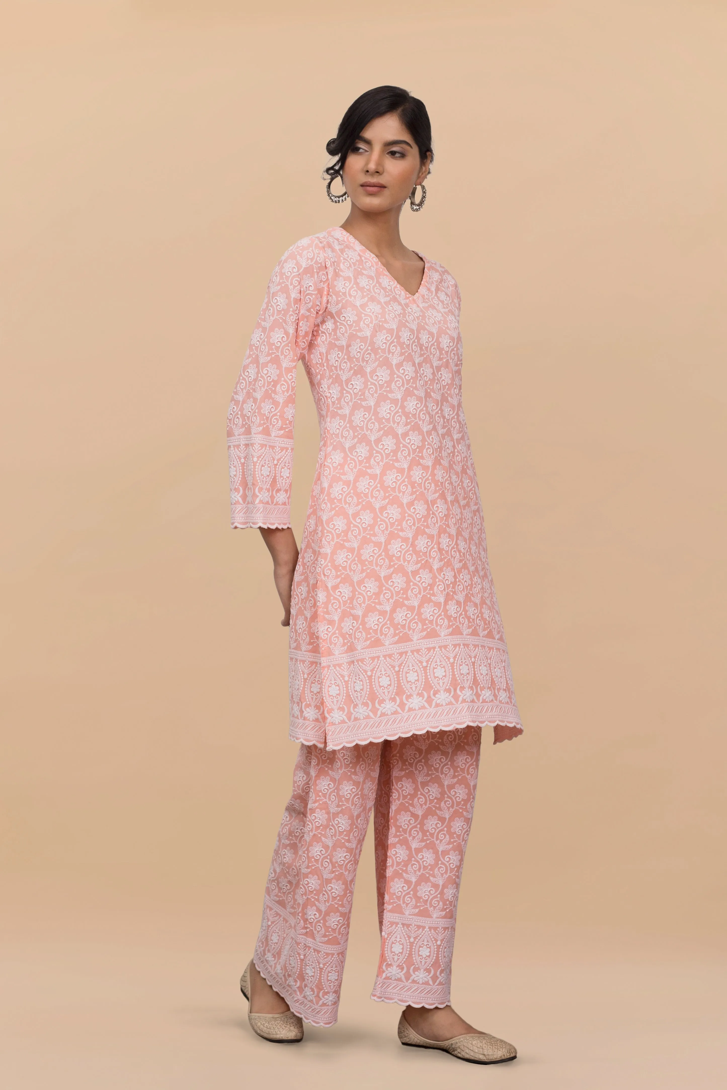 Saba Chikankari Kurta Set in Rayon - Orange