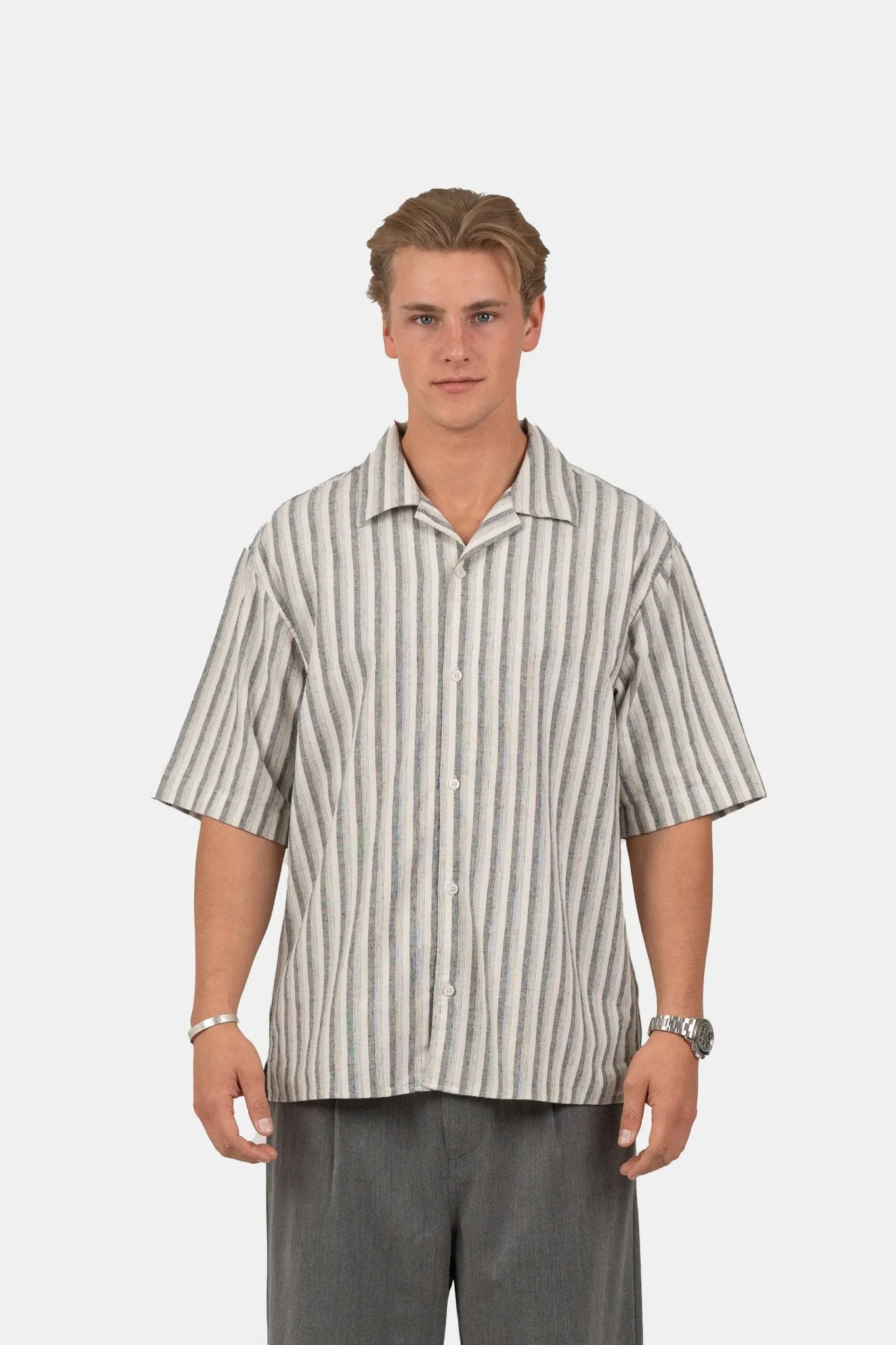 Short Sleeve Linen Shirt Black Striped