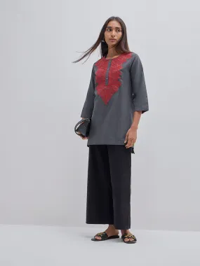 Utsa Charcoal Embroidered Cotton Straight Kurti