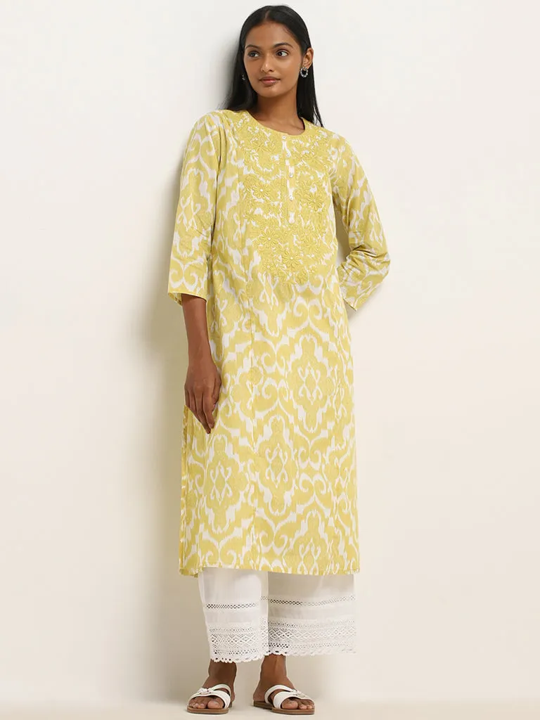 Utsa Yellow Ikat Pattern Straight Cotton Kurta